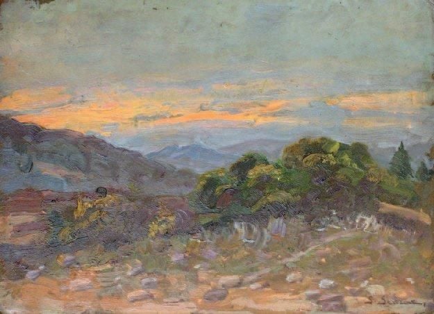 Coucher de soleil à Favière Huile sur carton Signée en bas à droite et située au dos 23 x 30 cm