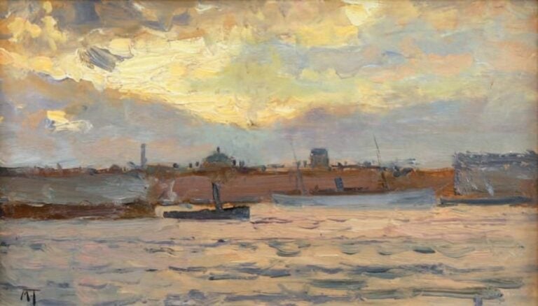 COUCHER DE SOLEIL SUR LE PORT Huile sur panneau, monogrammée en bas à gauche 14 x 24 cm