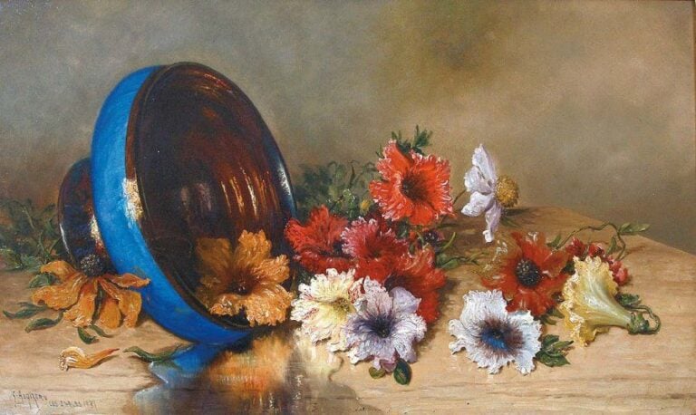 Coupe de fleurs renversée Huile sur toile, signée en bas à gauche, située « Les Sables », datée 193