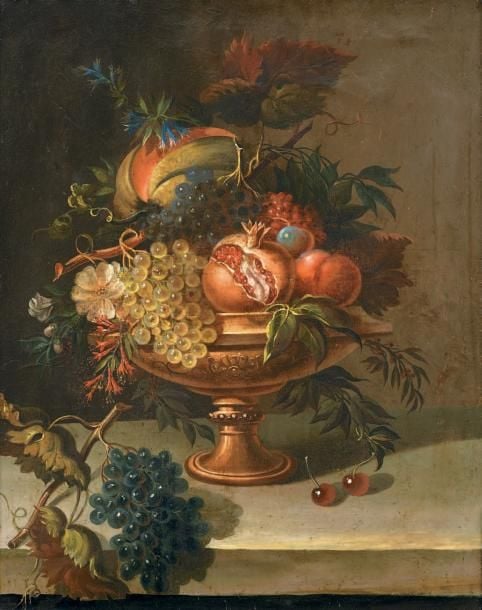 «Coupe de grenades, raisins et melon sur un entablement de pierre» Huile sur toile 81,5 x 65 cm