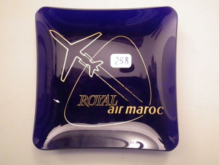COUPELLE ROYAL AIR MAROC en verre bleu avec silhouette de caravelle en dor