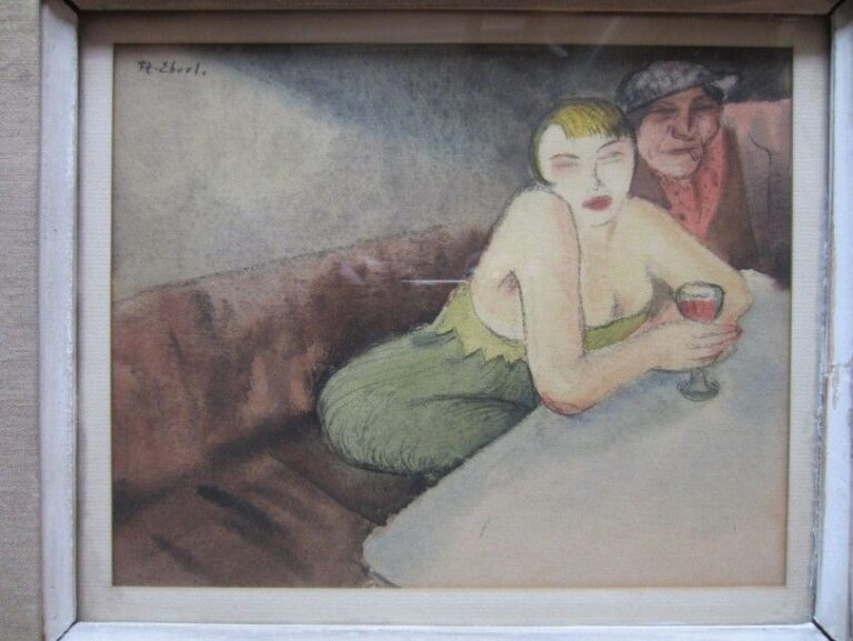 Couple au café Aquarelle sur papier, signée en bas à gauche 19 x 24 cm