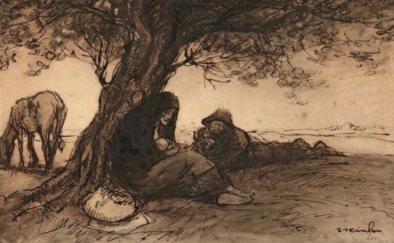 «COUPLE AU REPOS SOUS UN ARBRE» Lithographie 30 x 48 cm