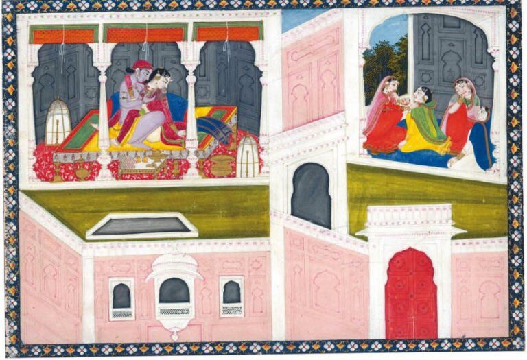 COUPLE D'AMOUREUX Madha et Kama se tiennent enlacés dans la chambre d'un pavillon, quatre femmes conversent dans une autre pièc