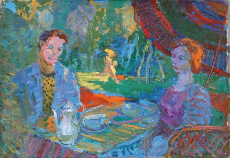 Couple dans un parc Huile sur panneau, signée et datée au dos Cachet russe d'exportation au dos 61 x 8