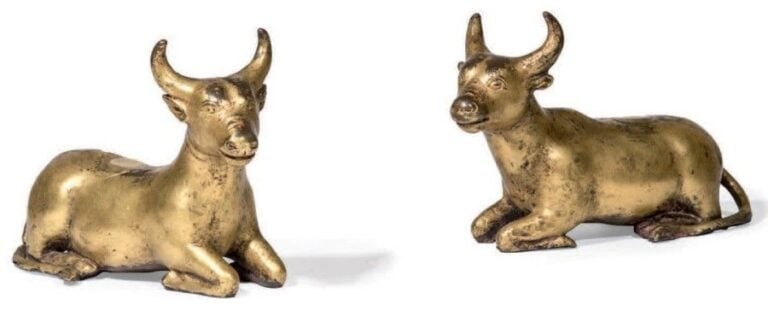 Couple de bovins en bronze doré