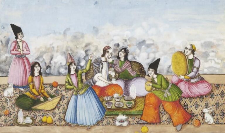 Couple diverti par des musiciens Pigments et or sur papier Iran, XIXe siècle, Epoque Qadjar Hauteur: 20; Largeur: 34,5 cm