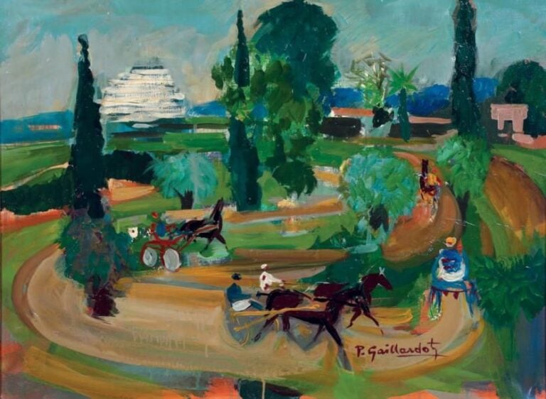 «COURSES DE SULKYS À CAGNE» Huile sur toile, signée en bas à droite 60 x 81 cm