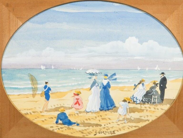 «Crinolines sur la plage» Aquarelle à vue ovale signée en ba