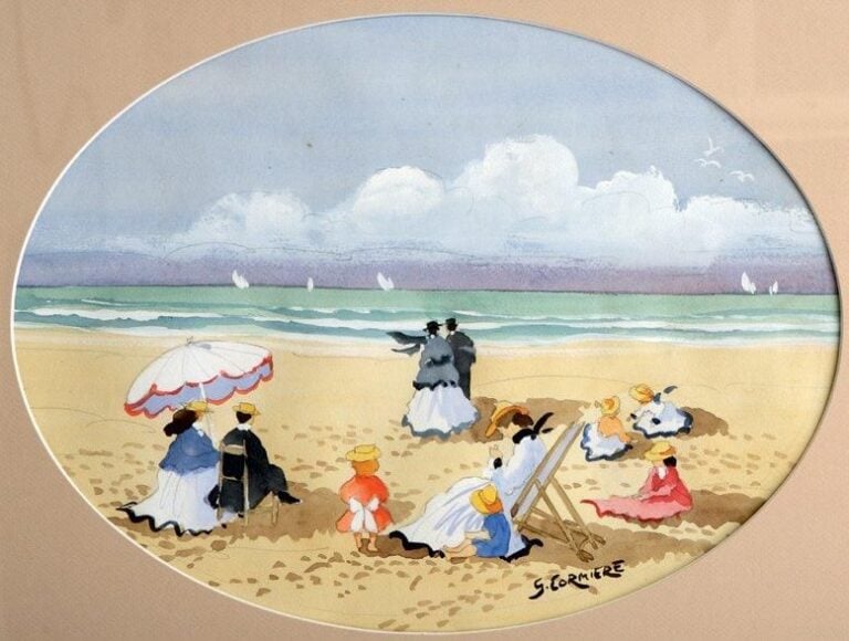«Crinolines sur la plage» Aquarelle à vue ovale signée en bas à droit