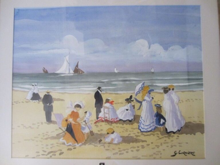 «Crinolines sur la plage» Grande aquarelle, signée en bas à droite 40 x 50 cm