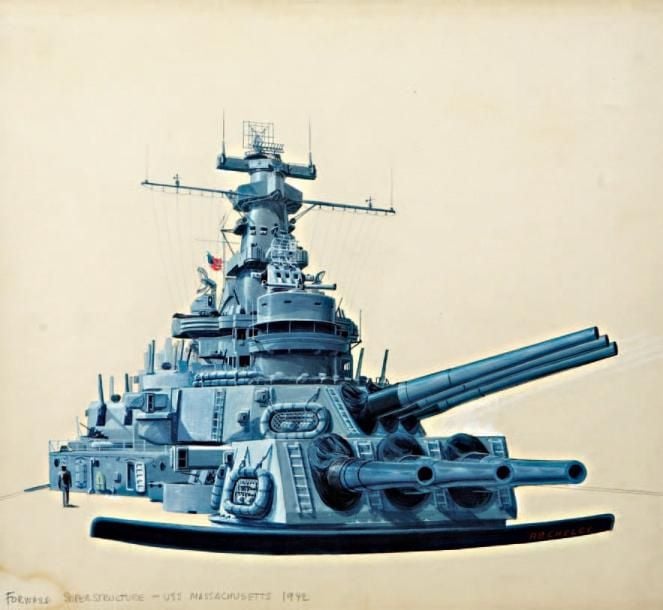CUIRASSÉ USS MASSACHUSSETTS (1942) Gouache sur carton représentant les superstructures et canons du Cuirassé par