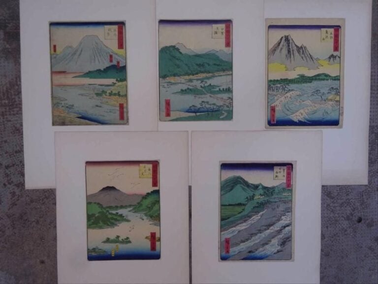 D'après Ando HIROSHIGE Lot de 5 xylogravures, chuban tata-e de la série des "68 vues des provinces variées"  [Shokoku rokuju-hakkei