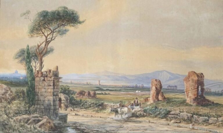 D'après Franz II KNEBEL (1809-1877) Ruines romaines et troupeau dans la campagne Aquarelle sur papie