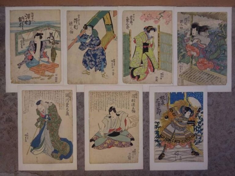 D'après KUNISADA Lot de sept xylogravures, oban tata-e ornées de personnage