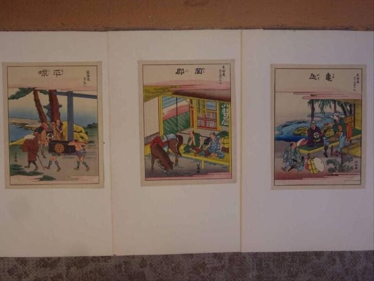 D'après Shotei HOKUJU Lot de trois xylogravures extraites de la série des "53 vues du Tokaido
