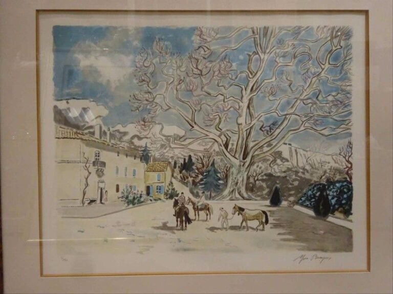D'après Yves BRAYER Cavaliers dans la cour du mas Lithographie  Contresignée en bas à droite Justifiée en bas à gauche: 2/150 46 x 60 cm