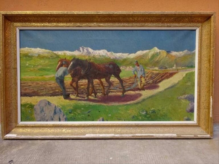 Dans le gôut de Giovanni SEGANTINI Le labour Huile sur toile Non signée Porte une inscription manuscrite et apocryphe sur le châssis 46 x 65 cm