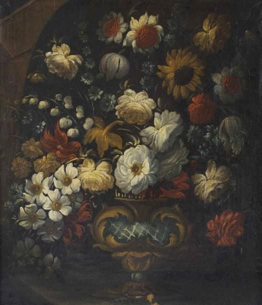 Dans le goût de l'Ecole Italienne du XVIIe siècle Bouquet de fleurs des champs sur un entablement Huile sur toile Non signée 61 x 50 cm (rentoilée, repeints, manque)
