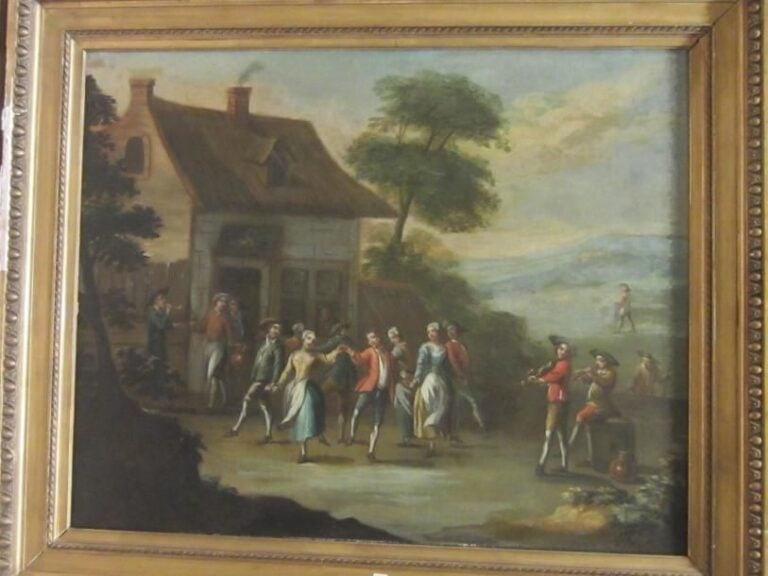 Dans le goût de l’École italienne du Nord du XVIIIe siècle  La danse au village  Huile sur toile (restaurations anciennes) 78 x 99 cm
