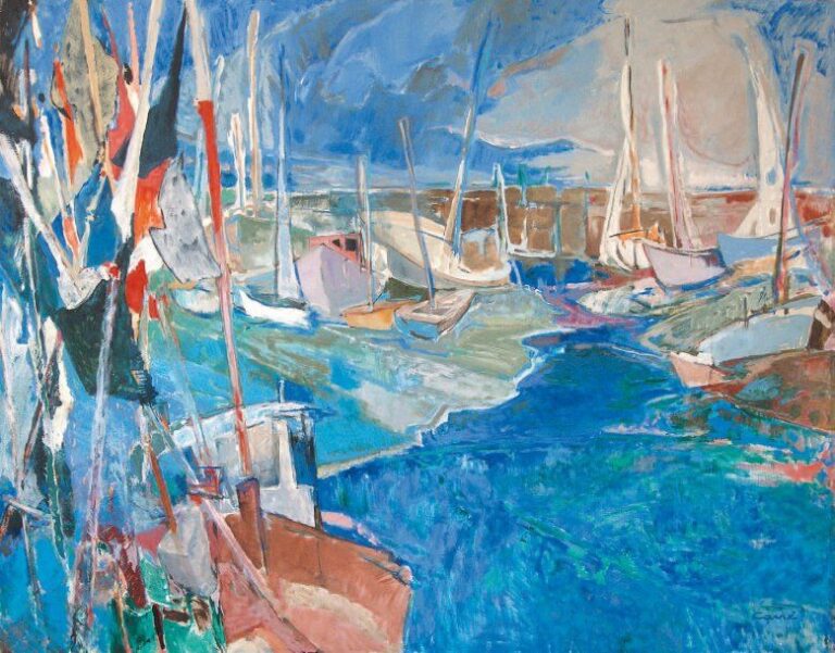 Dans le port à marée basse, 1985 Huile sur toile, signée en bas à droite 114 x 147 cm