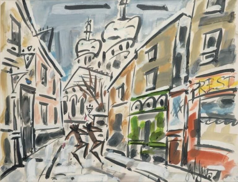 Dans les rues de Paris Aquarelle et gouache, signée en bas à droite 48,5 x 64 cm (à vue)