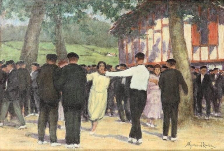 Danse au pays basque Huile sur panneau, signée en bas à droite 27 x 40 cm