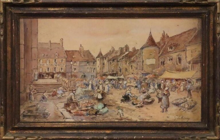 DE MESMAY Gabriel « La place du marché » dessin aquarellé signé en bas à droite - 28x47