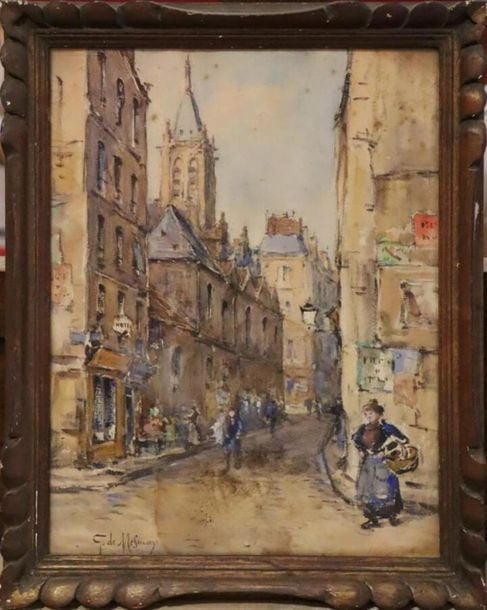 DE MESMAY Gabriel « Ville animée » aquarelle signée en bas à gauche - 35x20 (traces d'humidité et piqûres)
