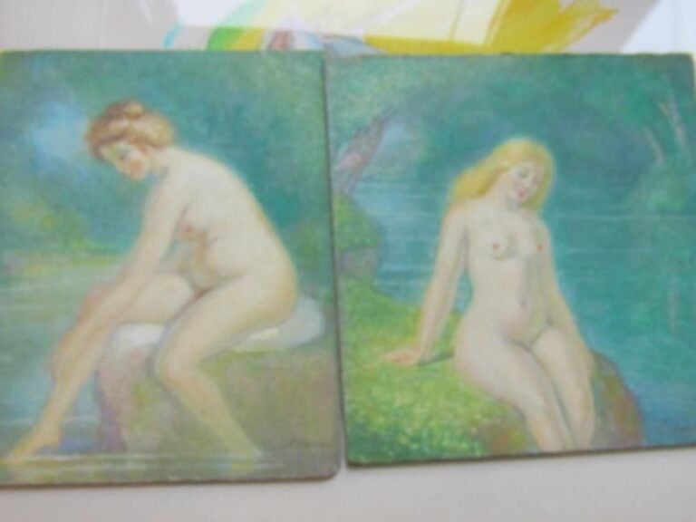 Delubac "Deux huiles sur carton "Nus à la rivière