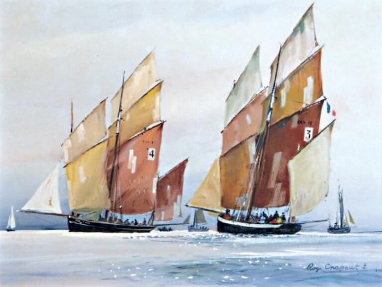 « Départ pour la pêche à Cancale » Gouache sur carton, signée en bas à droit