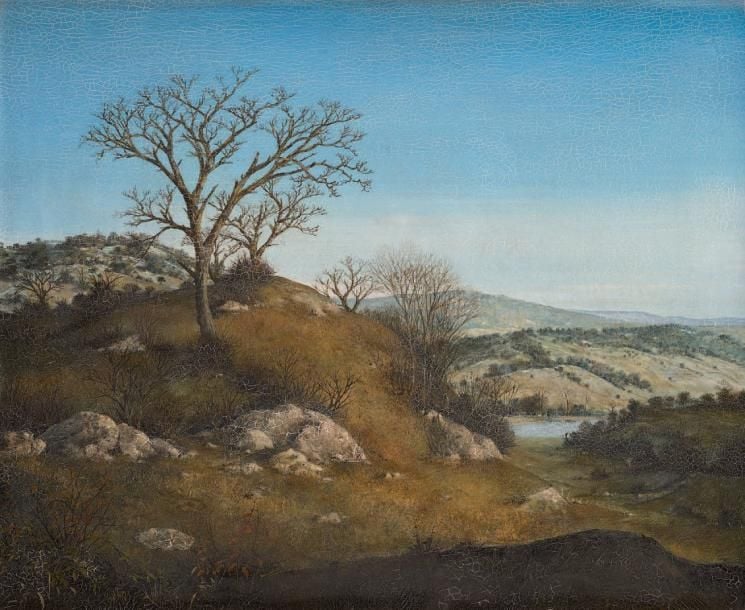 Descente vers la rivière Huile sur isorel, 1976/1977, signée en bas à droite Titrée et datée au dos 38 x 46 cm