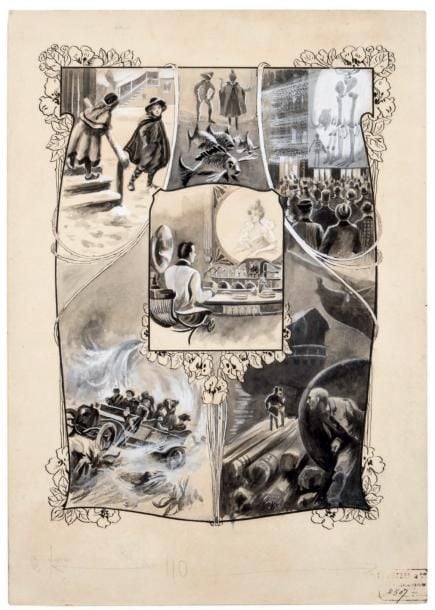 * Dessin original de Georges Roux pour le frontispice du recueil de contes et nouvelles Hier et Demain de Jules Vern