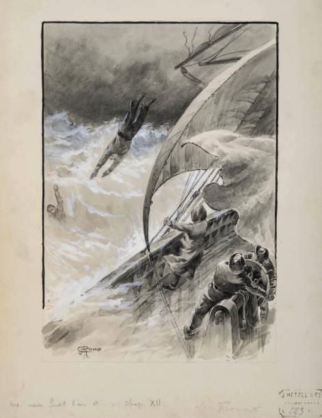 Dessin original signé de George Roux pour Le Sphinx des glaces