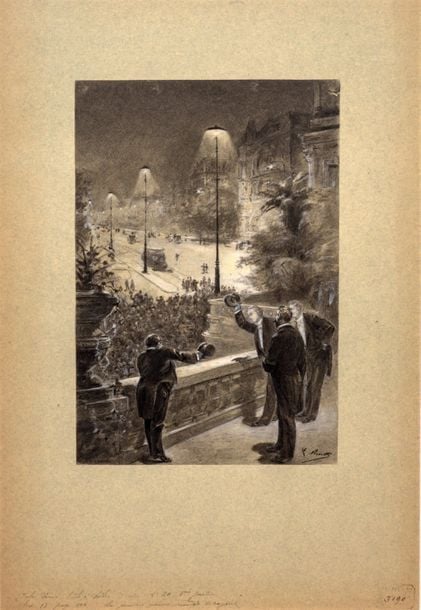* Dessin original signé de Léon Benett pour L'Île à Hélice (1895