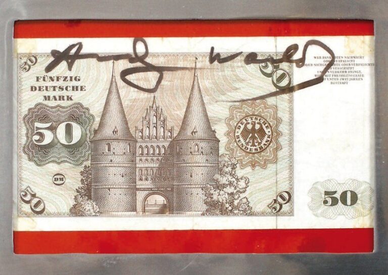 « Deutsche Mark signed » Billet de 50 DM signé au feutre par Warhol lors du vernissage de l'exposition à la Galerie im Hause Reese de Lübeck le 14/11/1980 15 x 7,5 cm