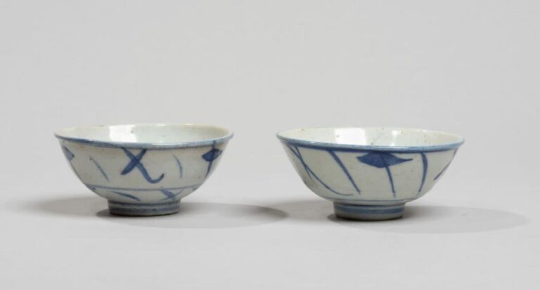 Deux bols en porcelaine décorée en bleu sous couverte de motifs stylisé