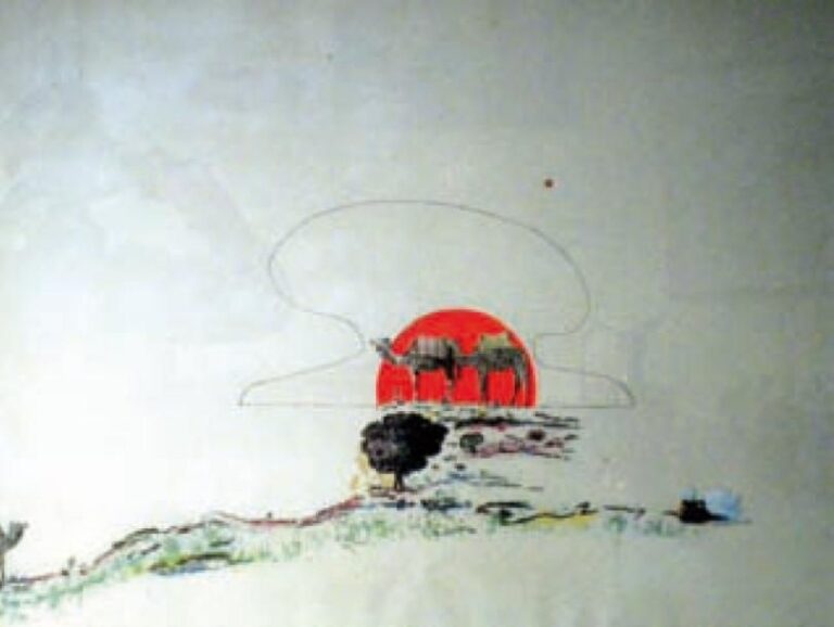 Deux chameaux dans un paysage, circa 1968-1970 Collage photographique et découpage sur fond de lithographie Signé et numéroté 13/50 en bas à doite 56 x 75 cm