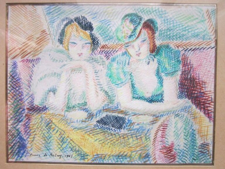 Deux femmes au restaurant Gouache, signée en bas à gauche et daté 43 16 x 22 cm