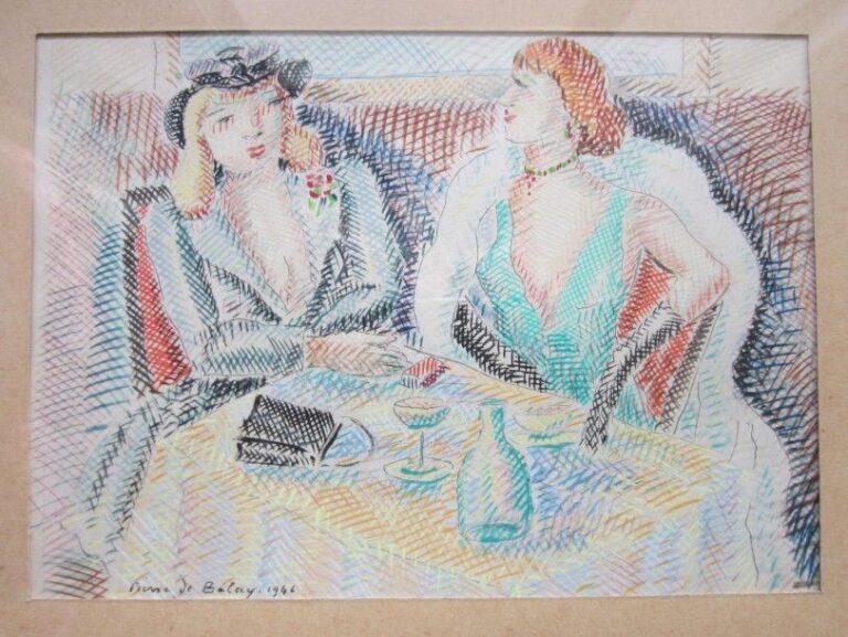 Deux femmes au restaurant Gouache, signée en bas à gauche et daté 46 16 x 22 cm