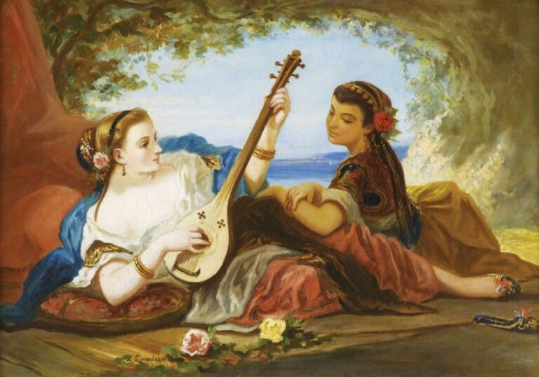 Deux femmes jouant de la musique Louis Devedeux (1820-1874) Signé en bas à gauche