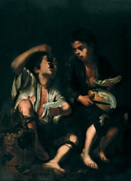 «Deux garçons mangeant des melons et du raisin» Huile sur toile (restaurations anciennes) 131,5 x 95 cm Reprise du tableau de Murillo conservé à l'Alte Pinacothek de Munich Vendu avec faculté de réunion avec le lot suivan