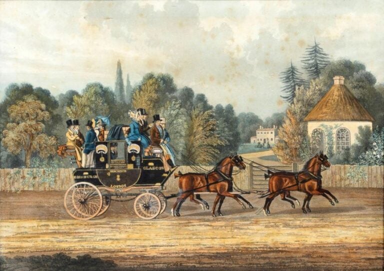 Deux gravures polychromes rehaussées  formant pendant à décor de scènes de calèche
