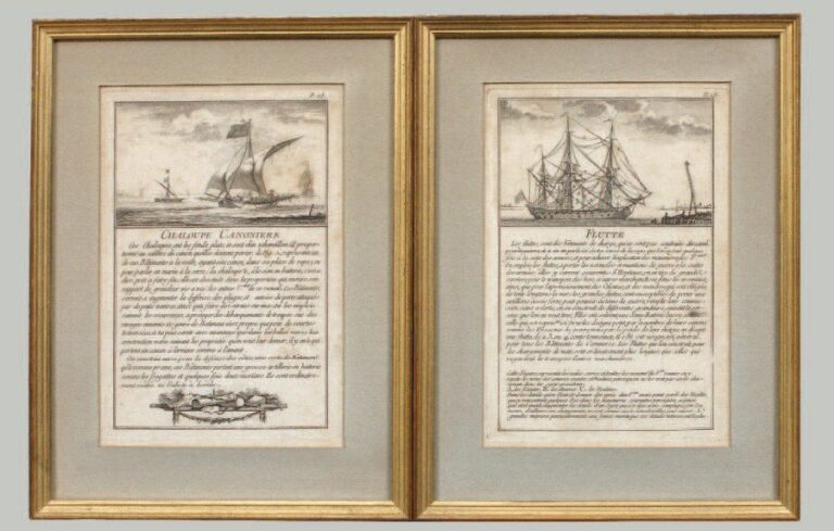 Deux gravures XVIIIe siècle - Flûte (avec descriptif) - Chaloupe canonnière (avec descriptif) Planches tirées "traité naval de tactique