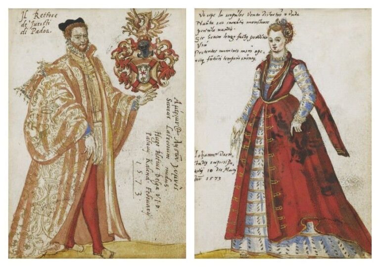 Deux images de costumes («recteur des juristes de Padoue» et dame italienne noble), au verso, écus et diverses inscriptions Gouache et encre sur vélin ou papie