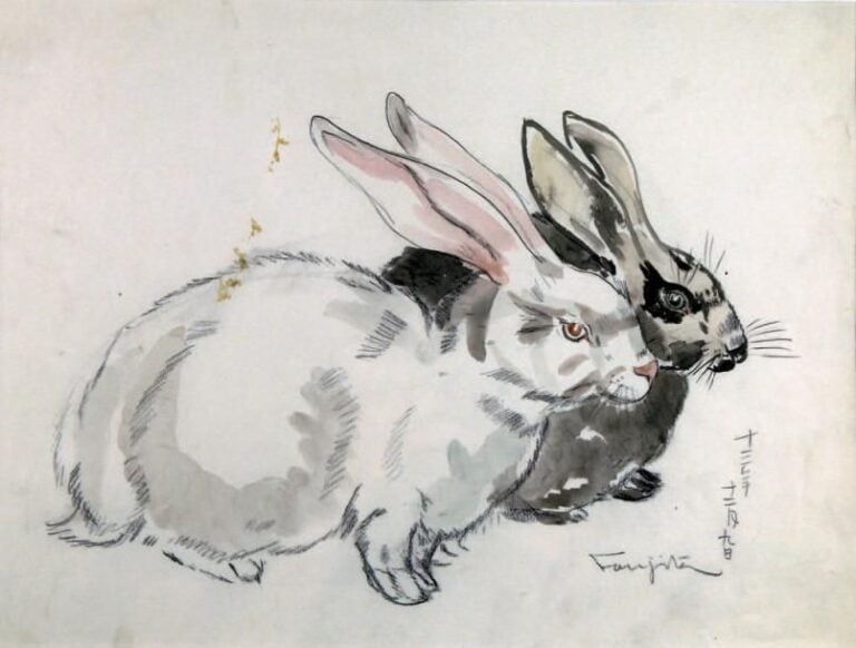 DEUX LAPINS CÔTE À CÔTE, 1938 Aquarelle et mine de plomb, signée en idéogrammes et en français en bas à droit