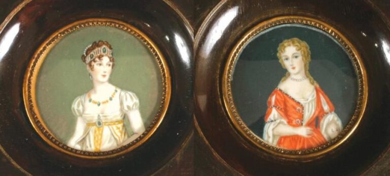 Deux miniatures rondes représentant l'impératrice Marie-Louise et une dame de qualité du XVIIe siècl