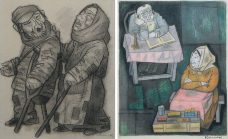 Deux oeuvres: a) Couple des paysans Crayon et estompe Signée en bas à droite 27 x 23 cm (à vue) b) L'heure de prière Crayons couleur et pastel Signée en bas à droite 29 x 23 cm (à vue)