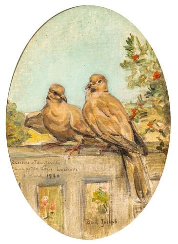 Deux oiseaux sur un balcon dédicacé à sa petite amie Lucienne 11 mars 1921