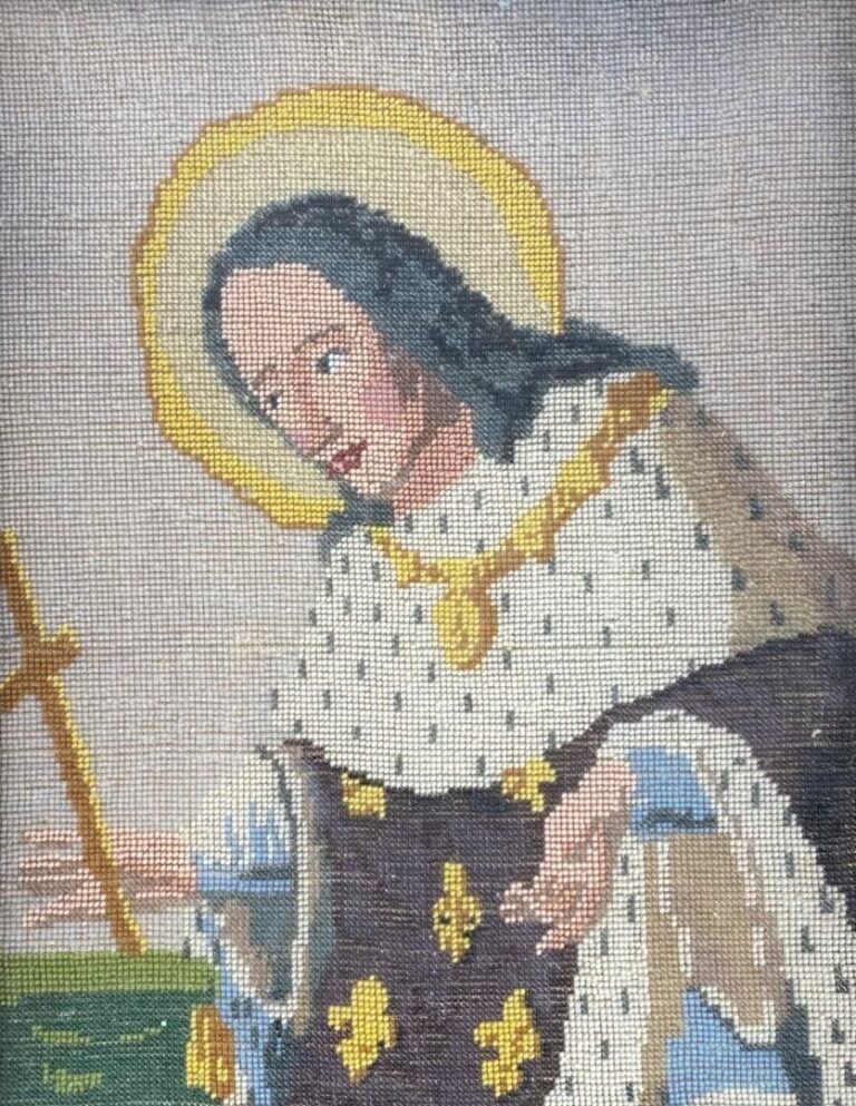 Deux petits cadres à décor de sujets religieux en perlé - Dim (le plus grand) :…